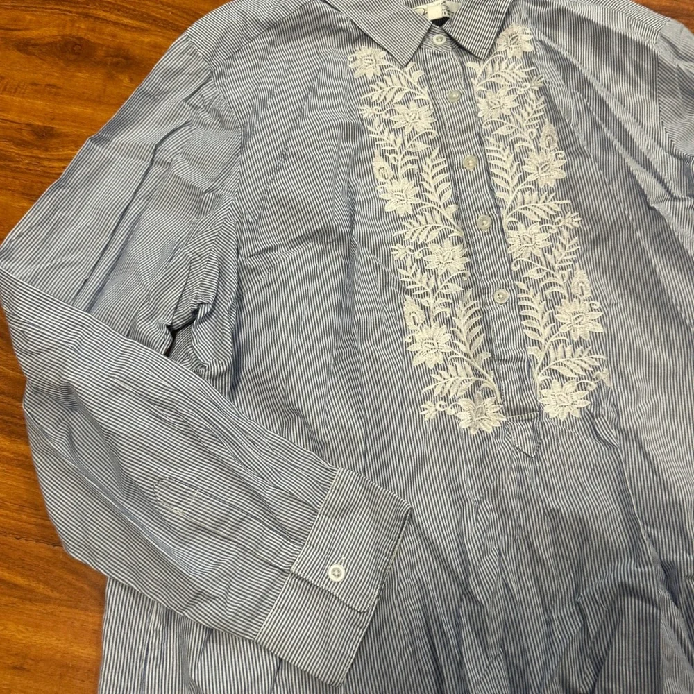 Women's Blouse Blue‎ White Stripe Long Sleeve 100% Cotton Floral Embroidery XL